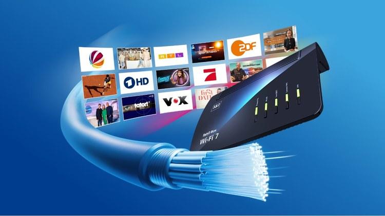 bildercollage aus diversen tv sendern und show mit router und glasfaserkabel | 1&1 bildercollage aus diversen tv sendern und show mit router und glasfaserkabel